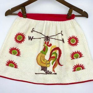 Vintage 1960s Handmade Half Apron with Rooster - Midcentury Red and White Apron